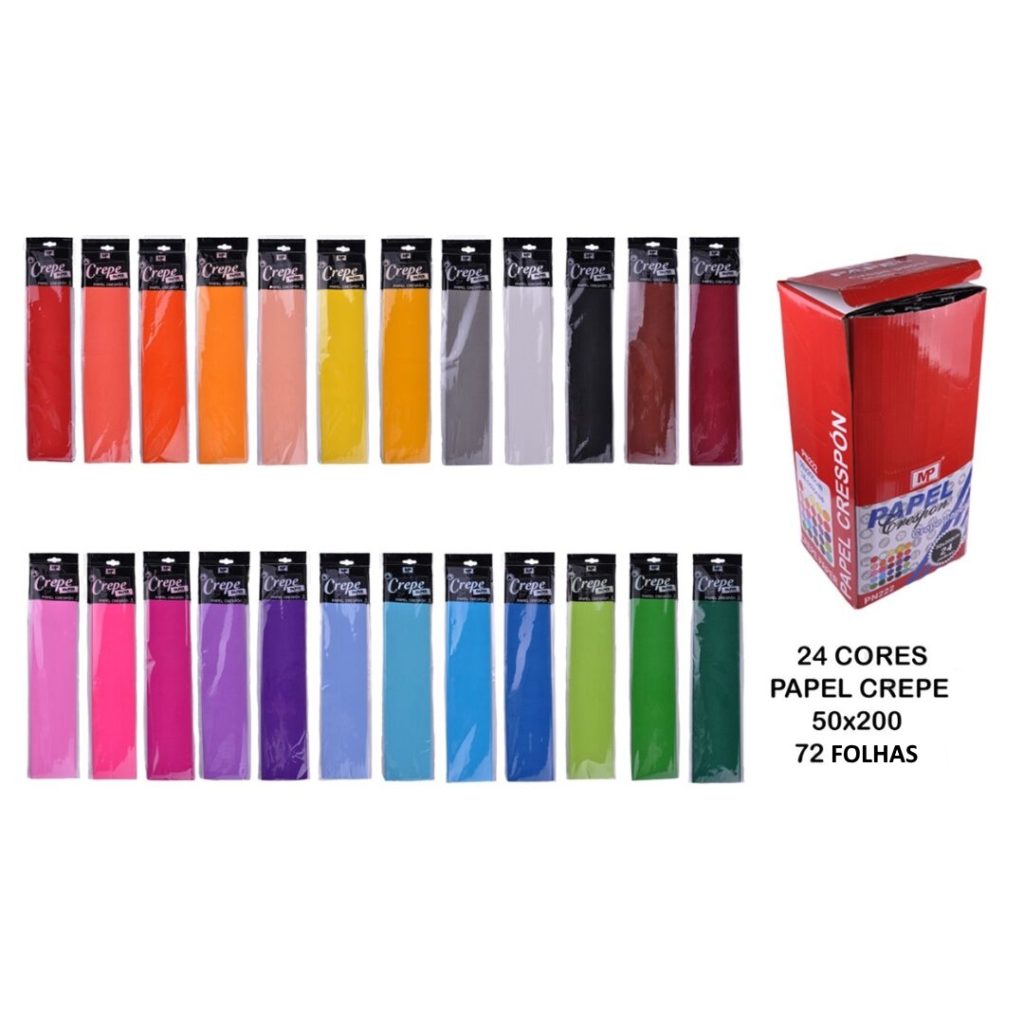 Papel Crepe Expositor c/ 72 Packs (1 folha 50x200cm) em 24 Cores