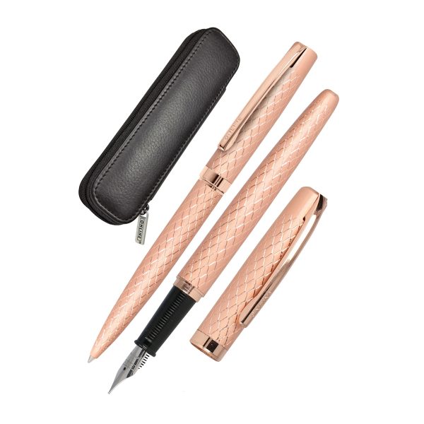 Caneta e Esferográfica c/Estojo Pele Eleganza Diamond Rosegold